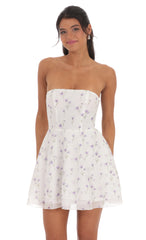Floral Sheen Strapless A-line Dress in White