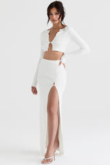 ivory ribbed knit button front maxi skirt