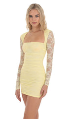 Lace Long Sleeve Bodycon Dress in Yellow
