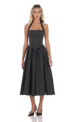 Polka Dot Halter Midi Dress in Black