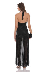 Rhinestone Plunge Cowl Neck Maxi Dress in Black