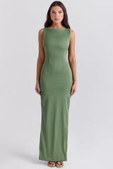 olive boat neck maxi dress
