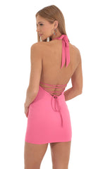 Lace Back Halter Bodycon Dress in Pink