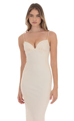 Rhinestone Mesh Open Back Maxi Dress in Beige