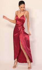 Pleated Satin Maxi Dress in Merlot