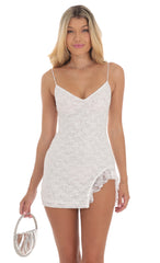 Lace Sequin Ruffle Slit V-Neck Dress in White