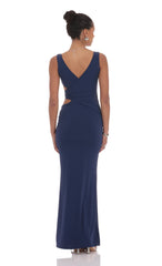 V-Neck Conch Cutout Maxi Dress in Navy