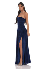Velvet Ruched Drop Waist Maxi Dress in Navy