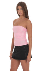 Foil Mesh Ruched Tube Top in Pink
