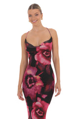 Mesh Floral Cowl Neck Maxi Dress in Black