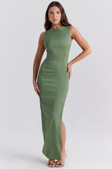 olive boat neck maxi dress