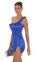 Satin One Shoulder Dress in Blue