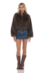Faux Fur Bomber Jacket in Espresso