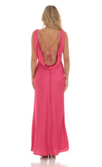 Satin High Neck Open Back Maxi Dress in Magenta