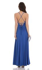 Rhinestone Slit Maxi Dress in Blue