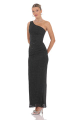One Shoulder Rhinestone Maxi Dress in Black