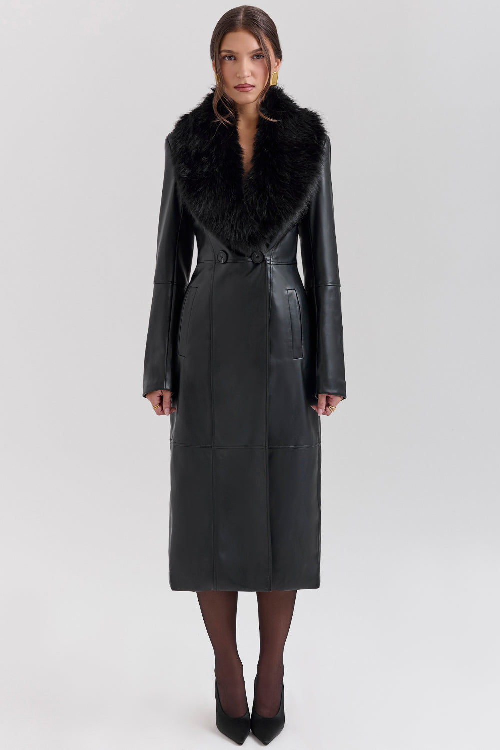 black faux fur trimmed vegan leather coat