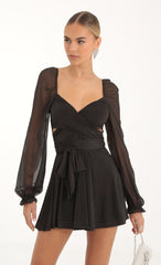 Puff Chiffon Wrap Dress in Black
