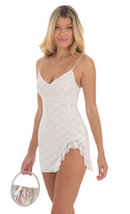 Lace Sequin Ruffle Slit V-Neck Dress in White