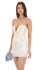 Satin Twist Strapless Dress in Cream