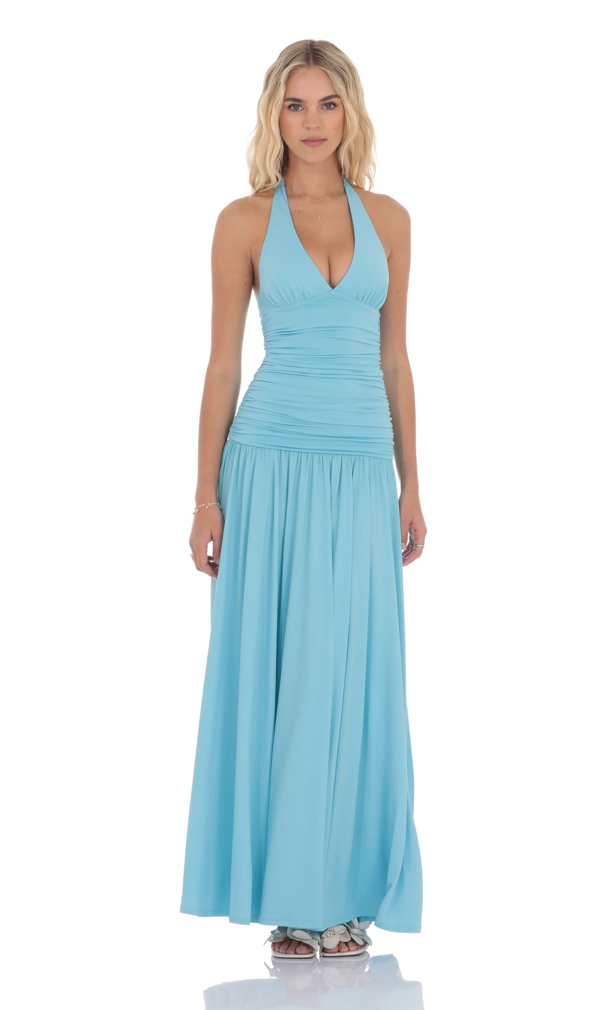 Halter Drop Waist Maxi Dress in Aqua Blue