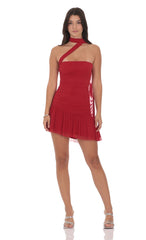 Asymmetrical Mesh Scarf Dress in Red