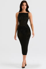 black mesh crystal embellished midi dress