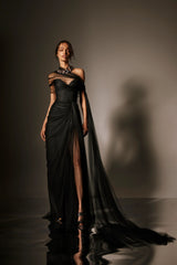 Strapless Tulle Gown with Detachable Wrap