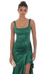 Satin Ruched Ruffle Slit Maxi Dress in Green