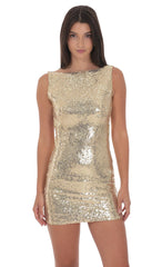 Sequin High Neck Open Back Dress in Gold