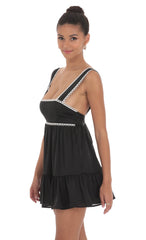 Embroidered Trim Babydoll Dress in Black