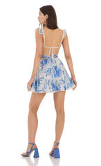 Blue Floral Fit and Flare Dress in White