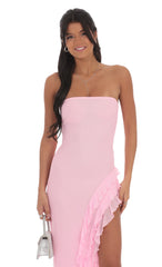Mesh Strapless Triple Ruffle Maxi Dress in Pink