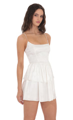 Satin Jacquard Ruffle Dress in White
