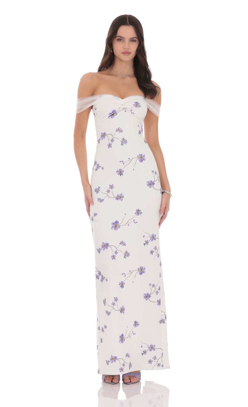 Tulle Off Shoulder Floral Maxi Dress in White