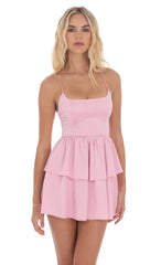 Satin Jacquard Ruffle Dress in Pink