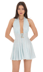 Floral Plunge Neck Dress in Baby Blue