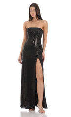 Sequin Satin Back Tie Maxi Dress in Black