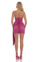Satin Ruched Tassel Dress in Magenta