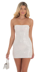 Pearl Sequin Strapless Bodycon Dress in White
