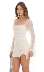 Mesh Lace Ruched Dress in Pastel Yellow