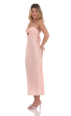 Satin Twist Cutout Midi Dress in Pink
