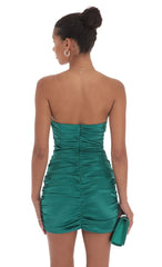 Satin Bow Ruched Strapless Dress in Green