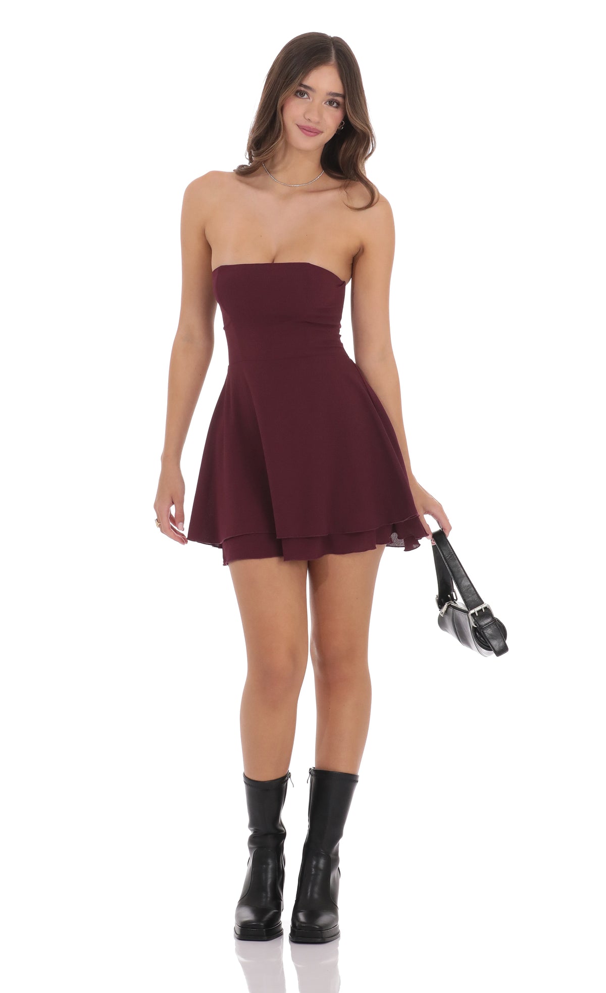 Strapless Back Tie A-line Dress in Burgundy