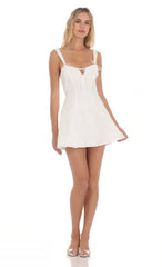 Textured Floral Triple Ties Dress in White