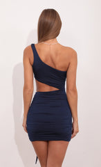 One Shoulder Ruched Cutout Dress in Navy Blue
