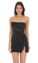 Flower Ruffle Slit Dress in Black