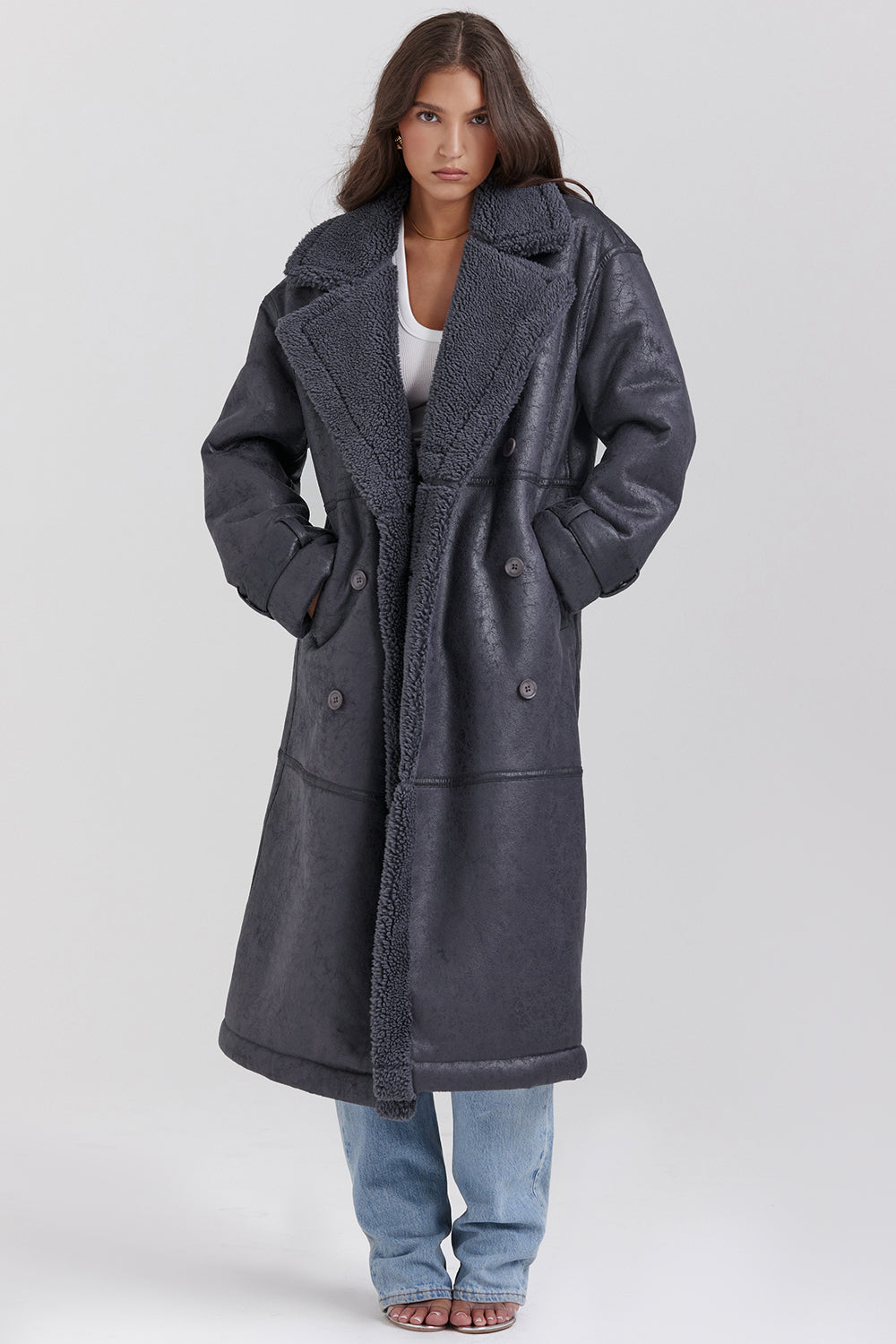 grey vegan shearling coat