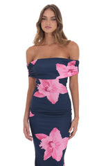 Off Shoulder Pink Floral Maxi Dress in Navy