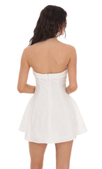 Floral Jacquard Strapless Flare Dress in White